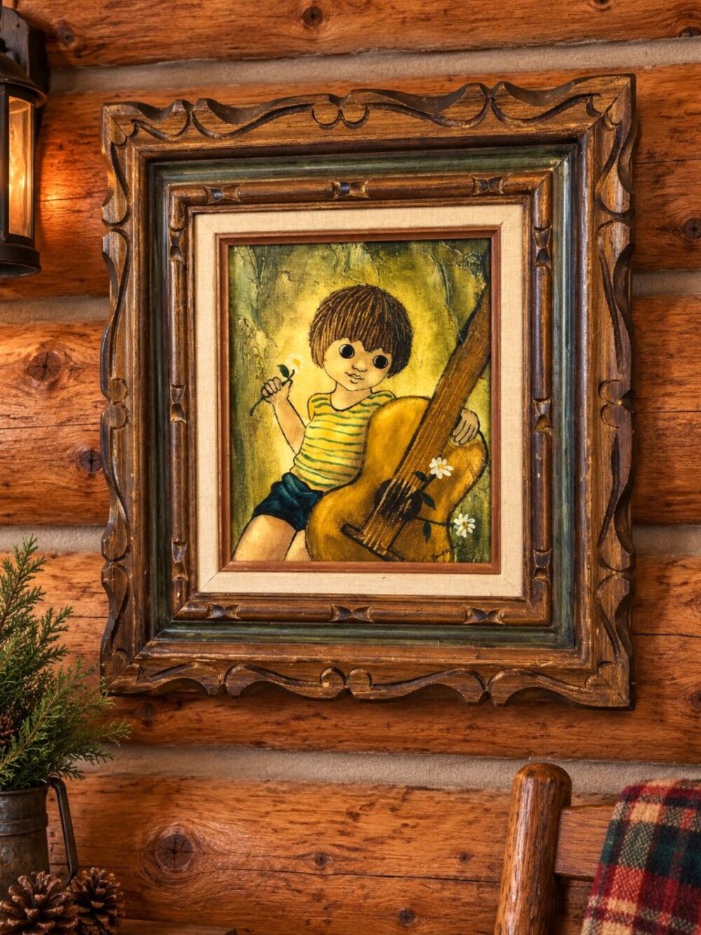 rare 1950's Oil painting of wide eyed Boy. Ships Free